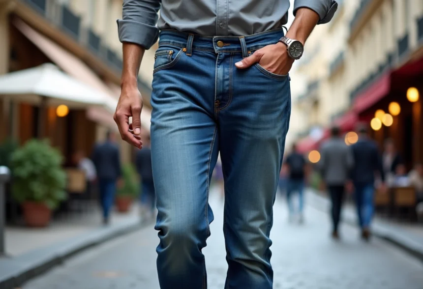 Homme en jeans français dans une rue parisienne