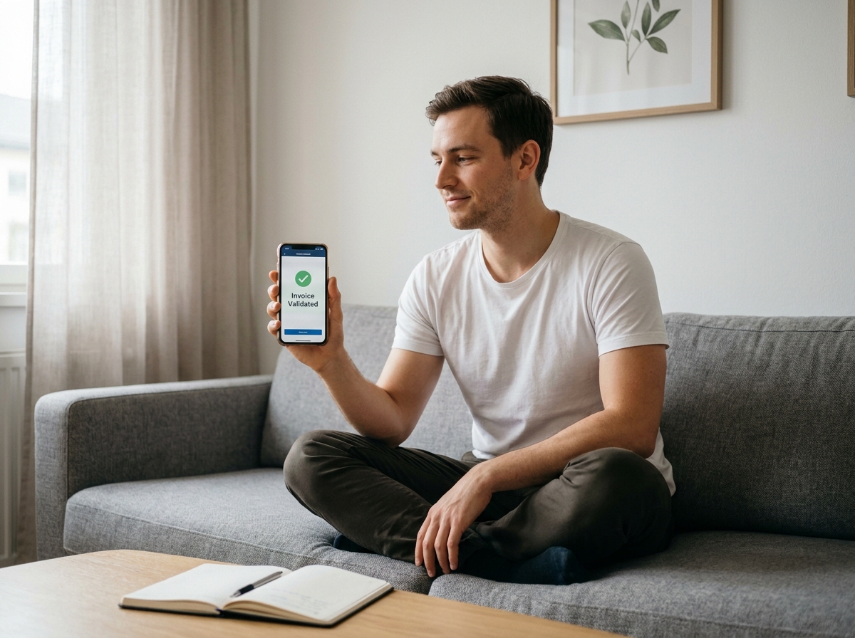 Jeune auto-entrepreneur validant une facture dématérialisée sur smartphone depuis son appartement