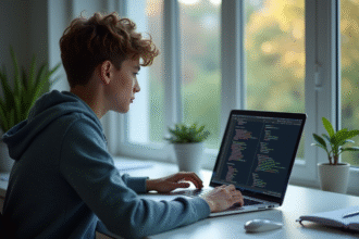 Jeune adulte programant en C sur un bureau lumineux