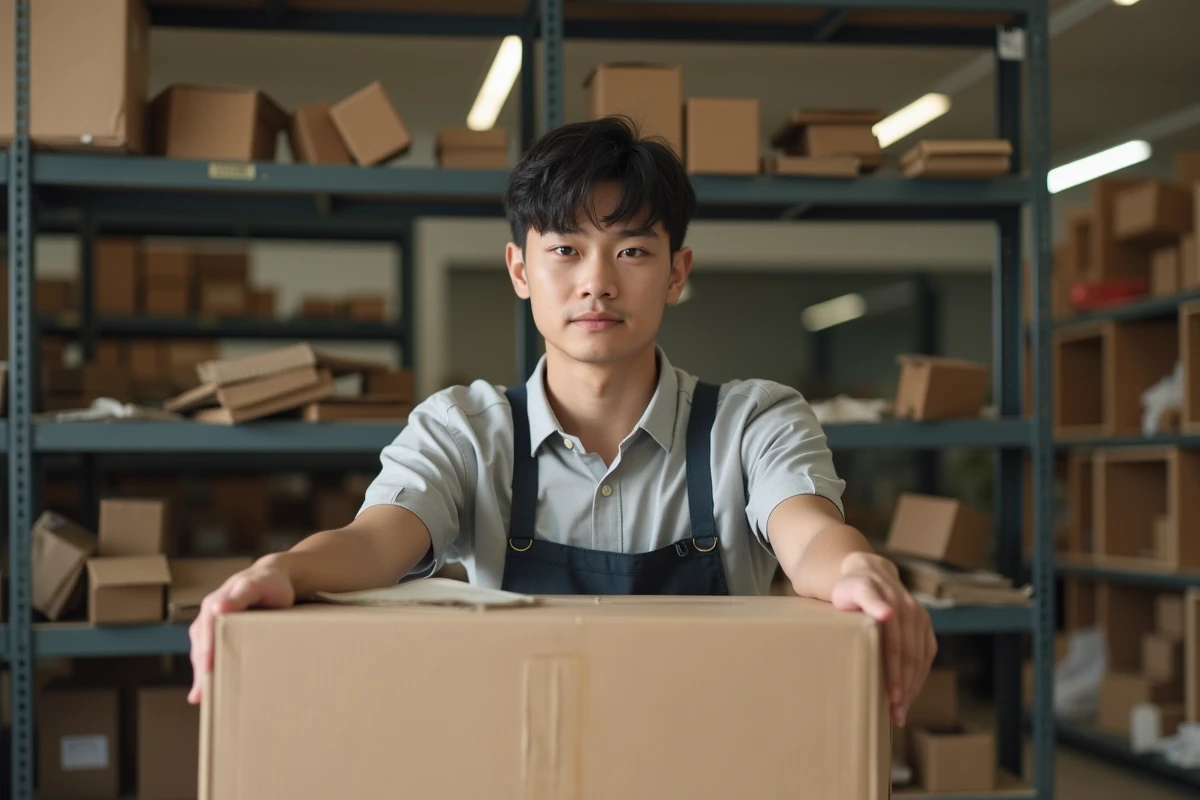 Jeune employé dans un magasin en transition avec cartons
