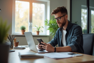 Jeune entrepreneur travaillant à un bureau moderne avec ordinateur et smartphone