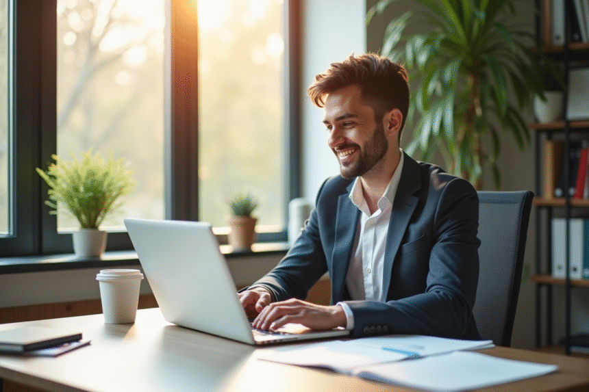 Jeune entrepreneur travaillant sur un ordinateur dans un bureau lumineux