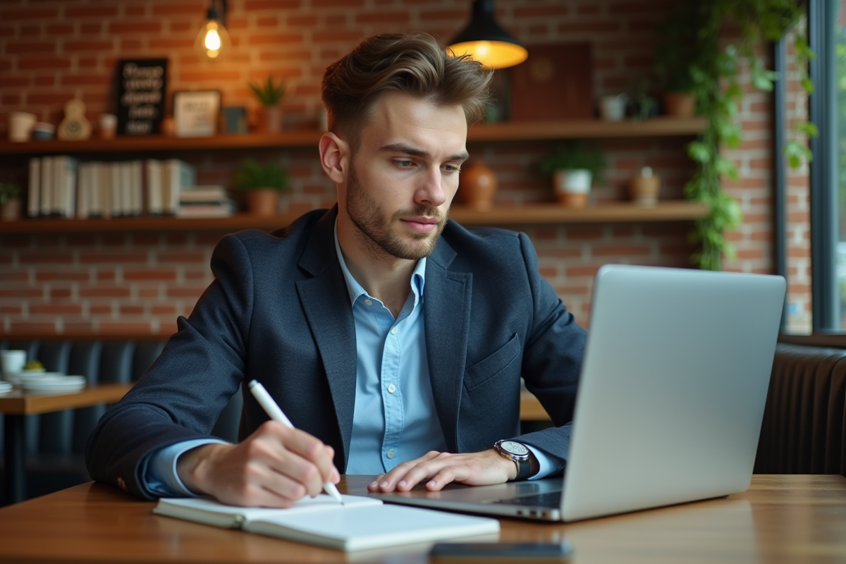 Jeune entrepreneur travaillant seul dans un café chaleureux