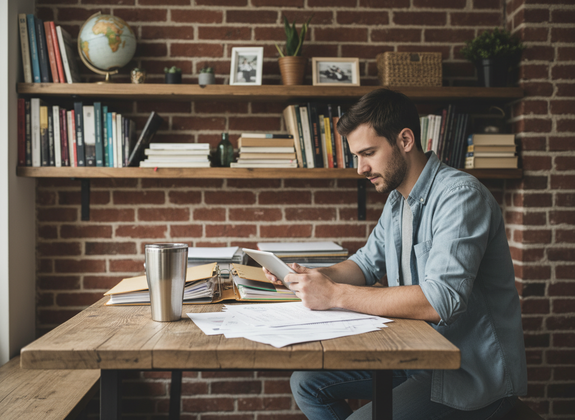 Jeune entrepreneur dans un espace de travail à domicile avec tablette