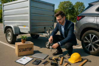 Jeune entrepreneur fixant une remorque cargo à un véhicule moderne en plein air
