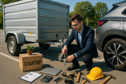 Jeune entrepreneur fixant une remorque cargo à un véhicule moderne en plein air