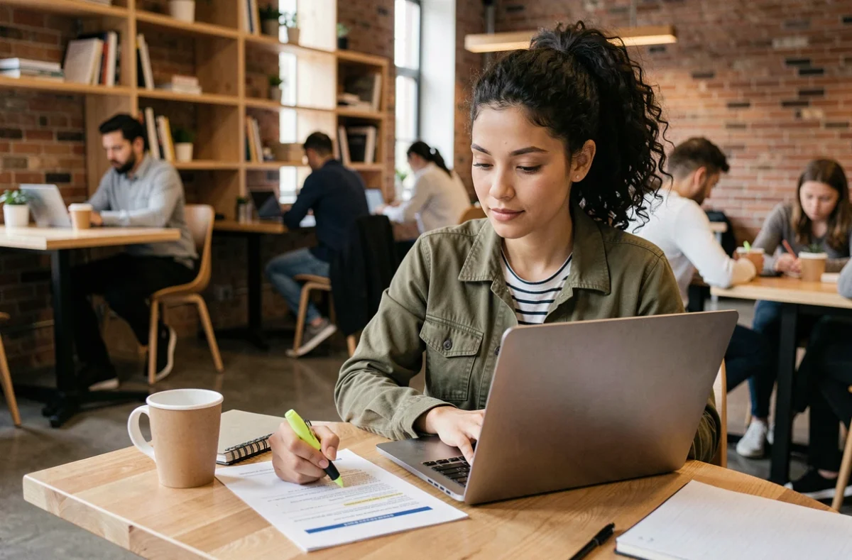 Jeune femme annotant un contrat de travail à temps partiel avec un surligneur dans un espace de coworking moderne