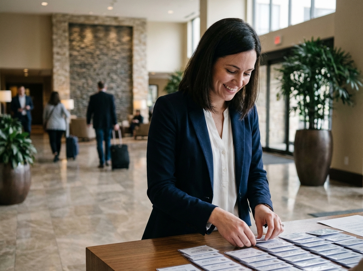Jeune femme organisant des badges dans un lobby d