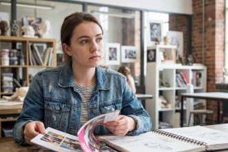 Jeune femme créative en bureau d'art à l'école