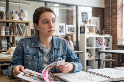 Jeune femme créative en bureau d'art à l'école