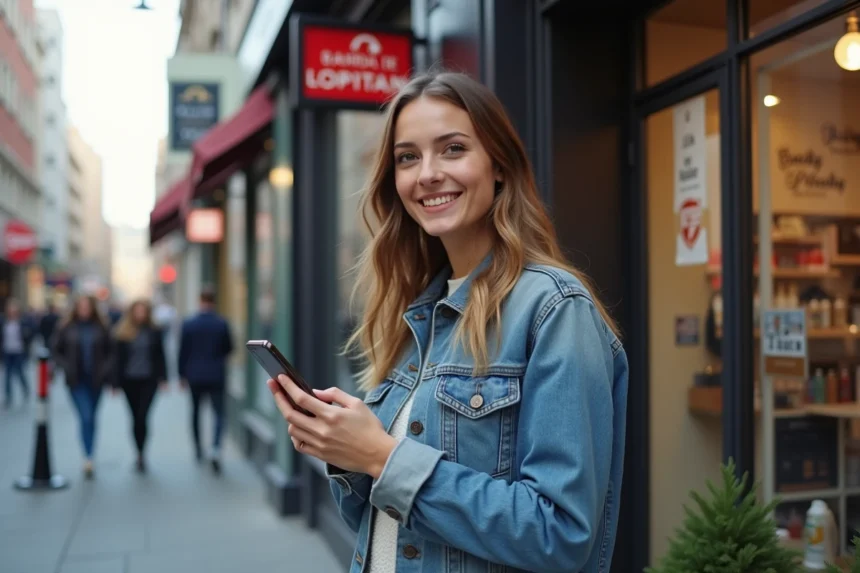Jeune femme avec smartphone devant boutique moderne en ville