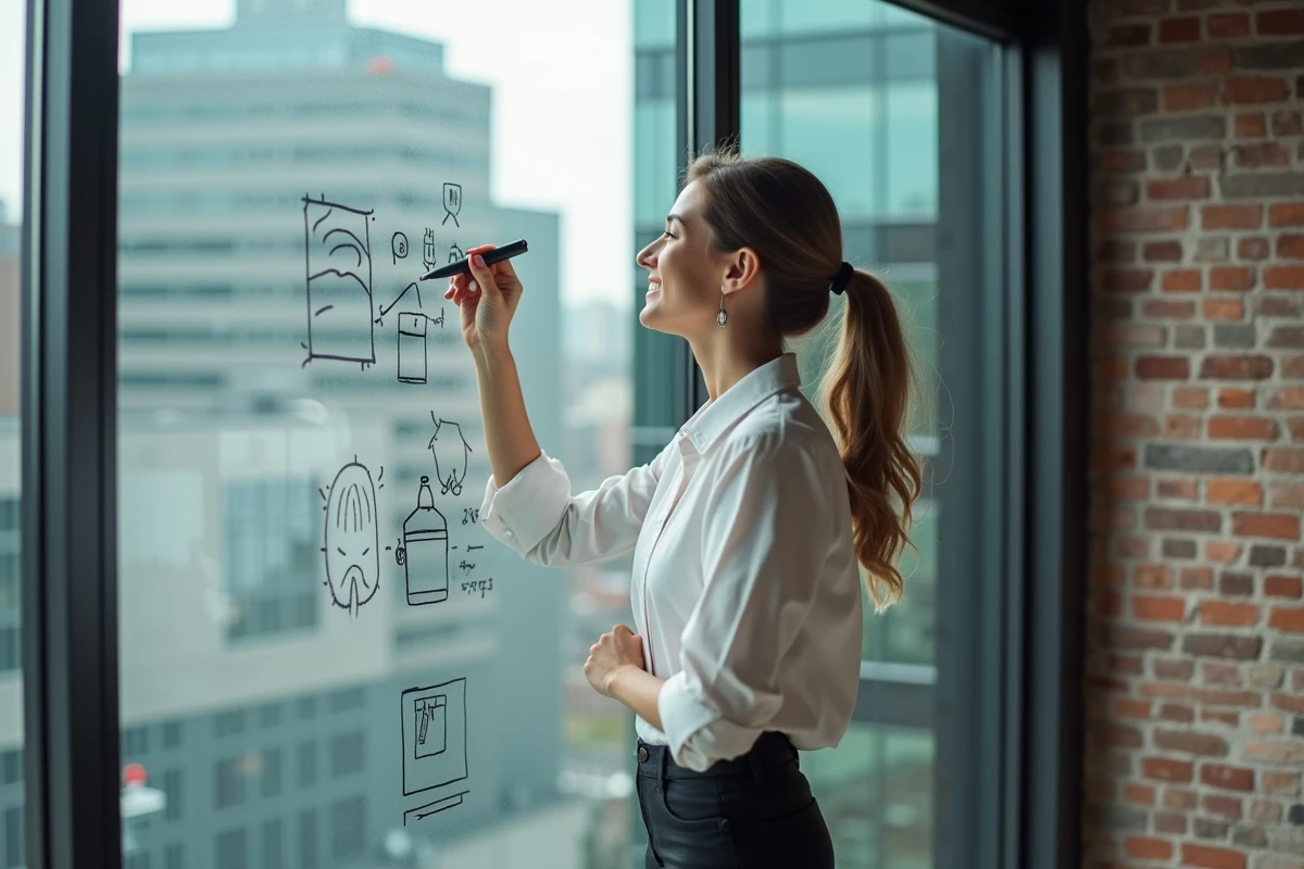 Jeune femme en casual esquissant des concepts d