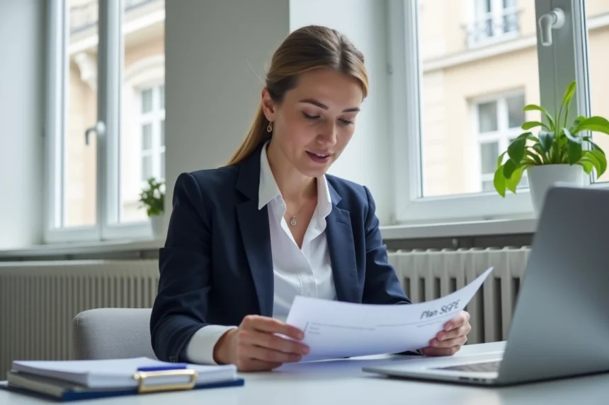 Jeune femme en bureau lisant un document SGPE