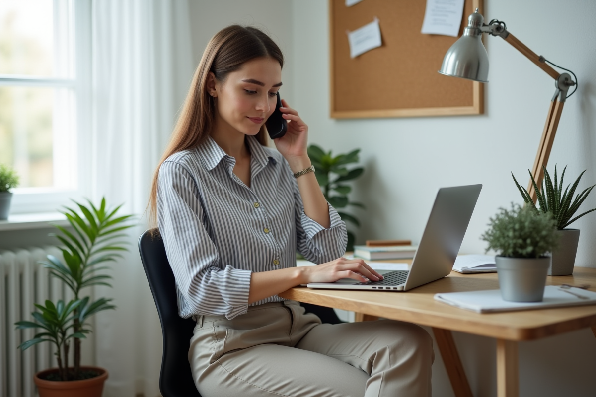 Jeune femme au bureau moderne utilisant son ordinateur portable
