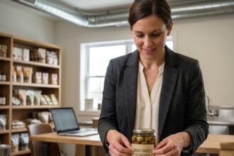 Jeune femme entrepreneure appliquant une étiquette sur un pot