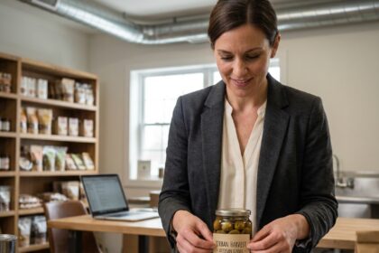 Jeune femme entrepreneure appliquant une étiquette sur un pot