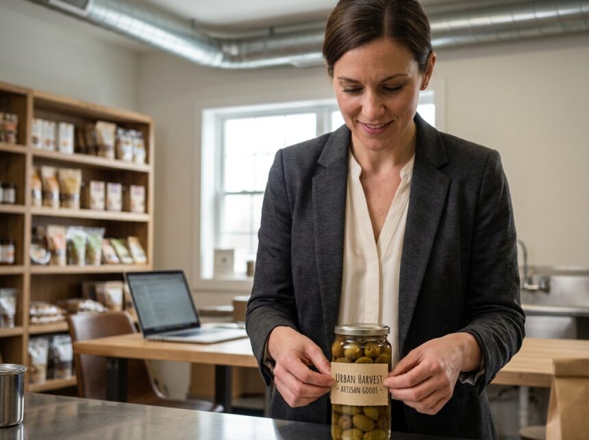 Jeune femme entrepreneure appliquant une étiquette sur un pot