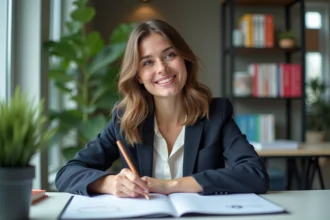 Jeune femme en bureau souriante et esquissant des idées