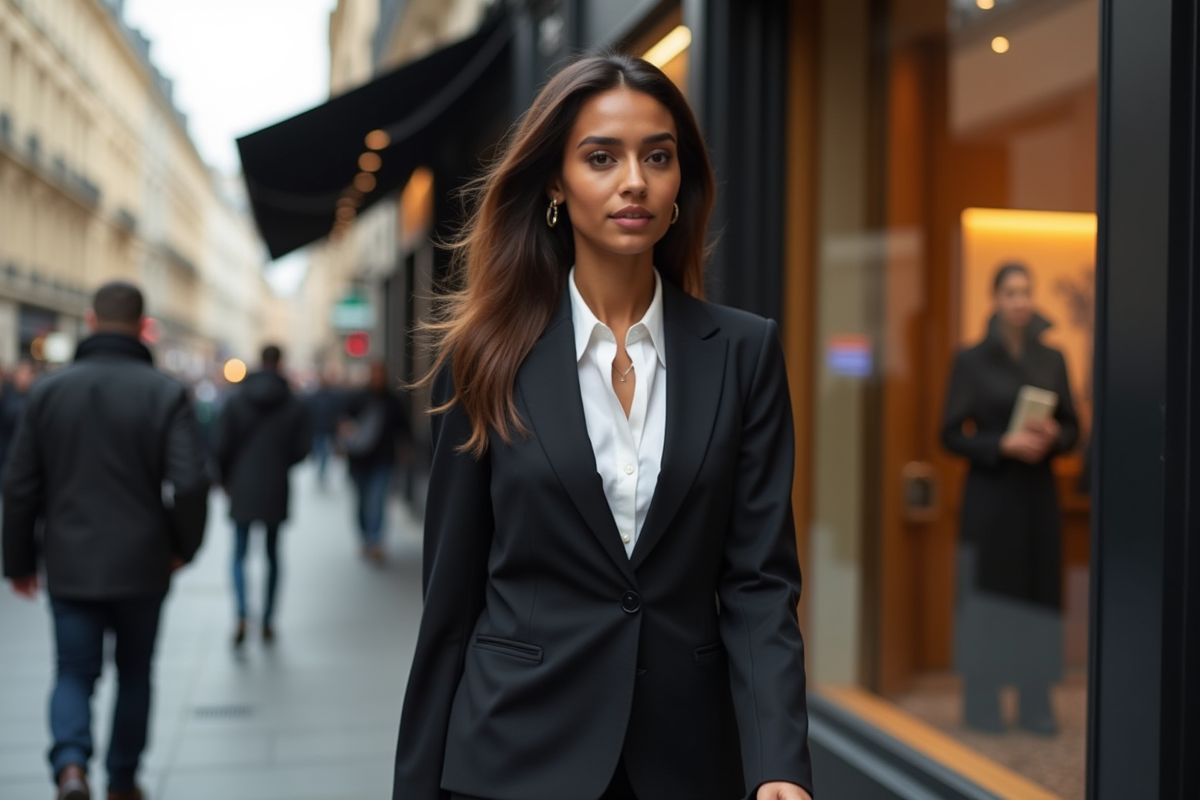 Jeune femme confiante passant devant une boutique de luxe à Paris