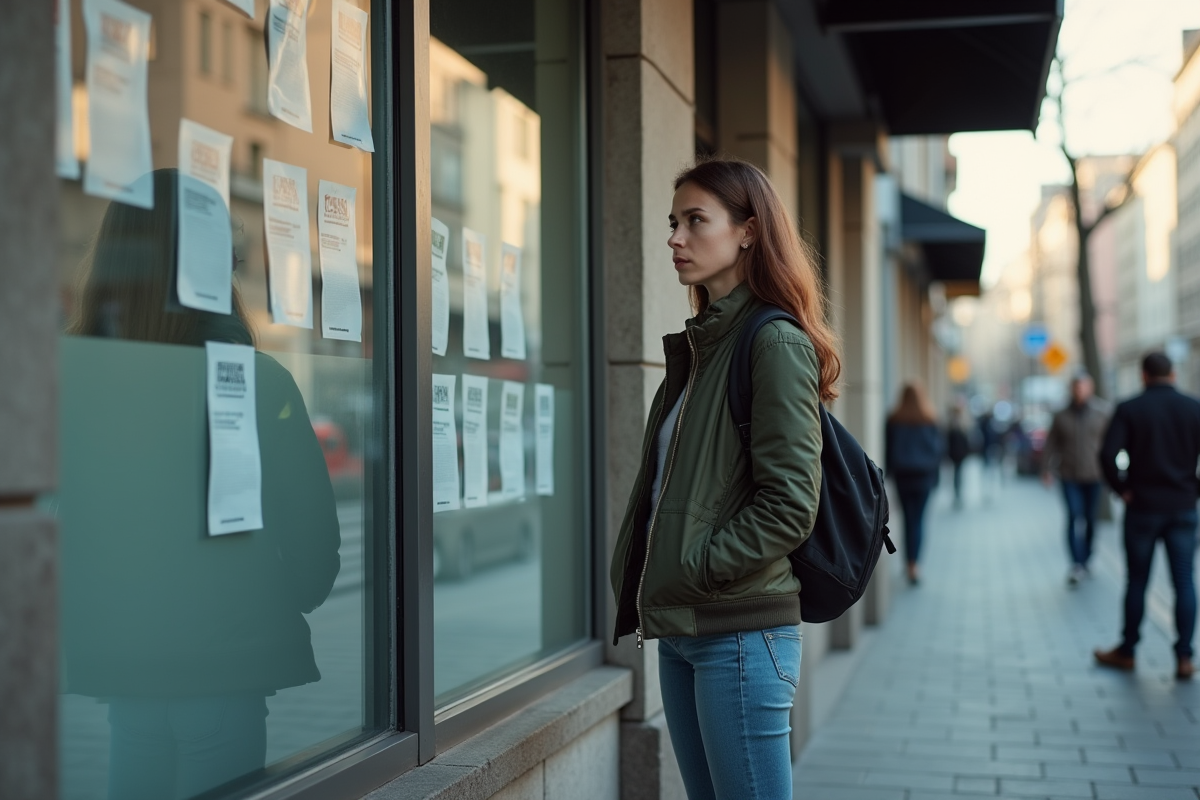 Jeune femme regardant une affiche d