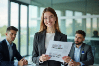 Jeune femme professionnelle présentant des documents immobiliers
