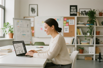 Femme professionnelle souriante dans un bureau moderne
