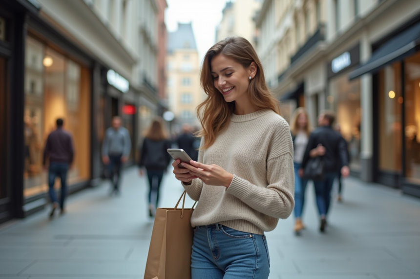 Jeune femme souriante dans une ville animée avec shopping