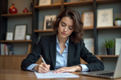 Jeune femme signant un document juridique dans un bureau professionnel