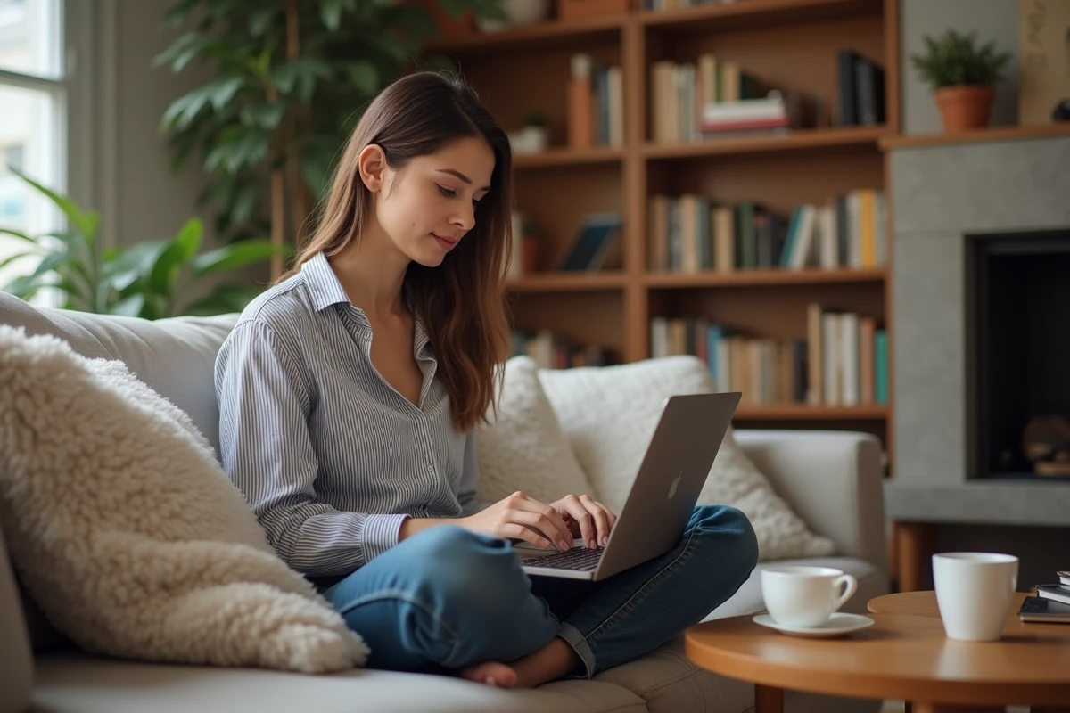Jeune femme travaillant depuis son canapé sur un site de services freelance pour trouver des missions rémunérées
