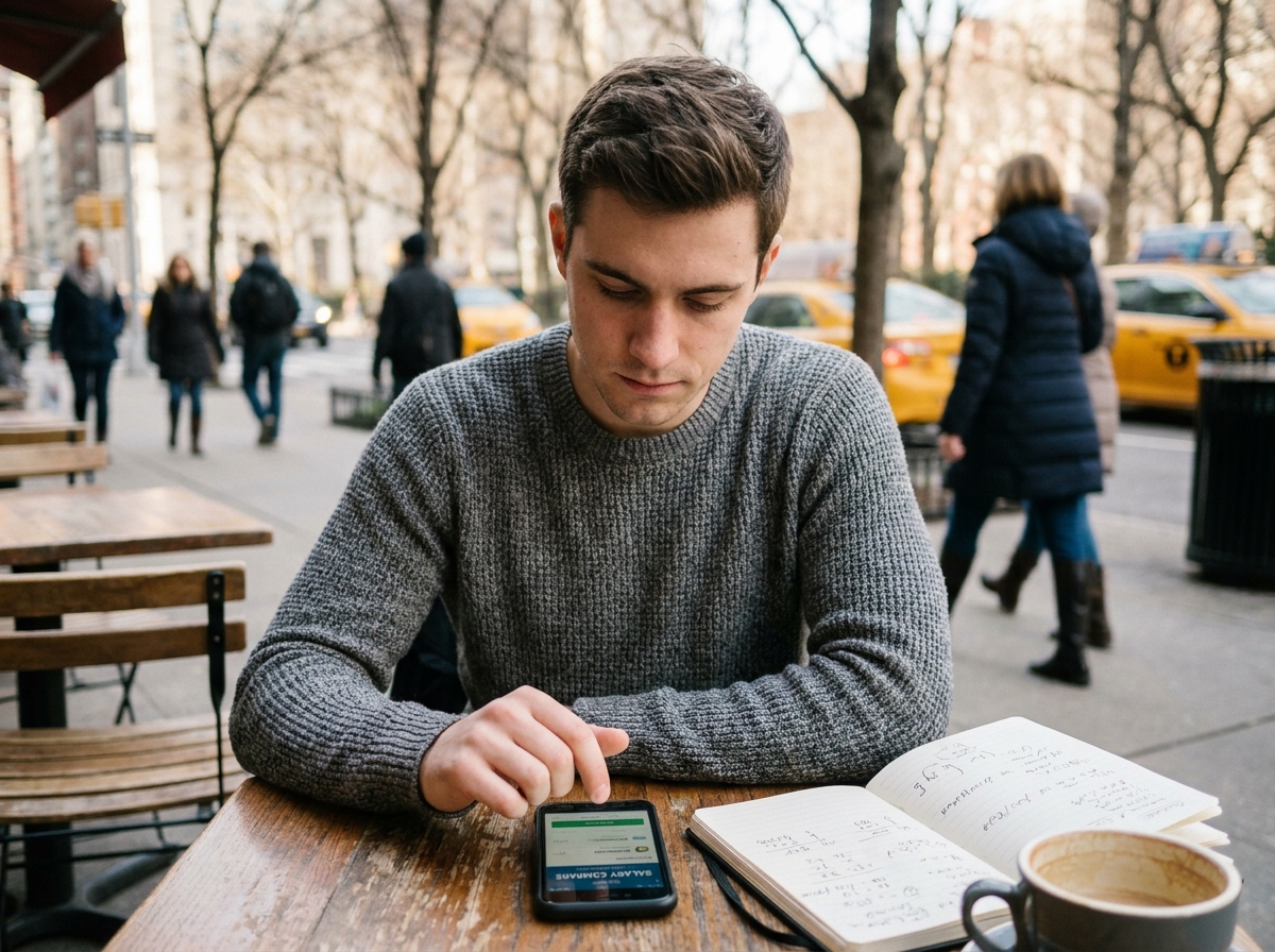 Jeune homme consultant une application de comparaison de salaires sur son téléphone dans un café en terrasse