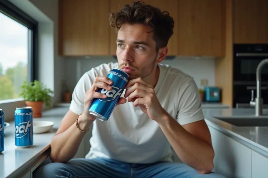Jeune homme buvant une boisson energisante dans la cuisine