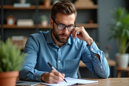 Jeune homme au bureau planifiant un projet