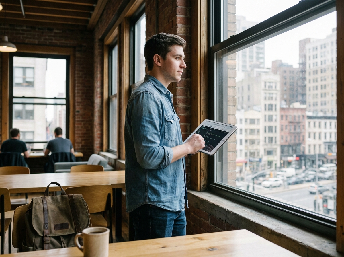 Jeune homme utilisant une tablette dans un espace de coworking