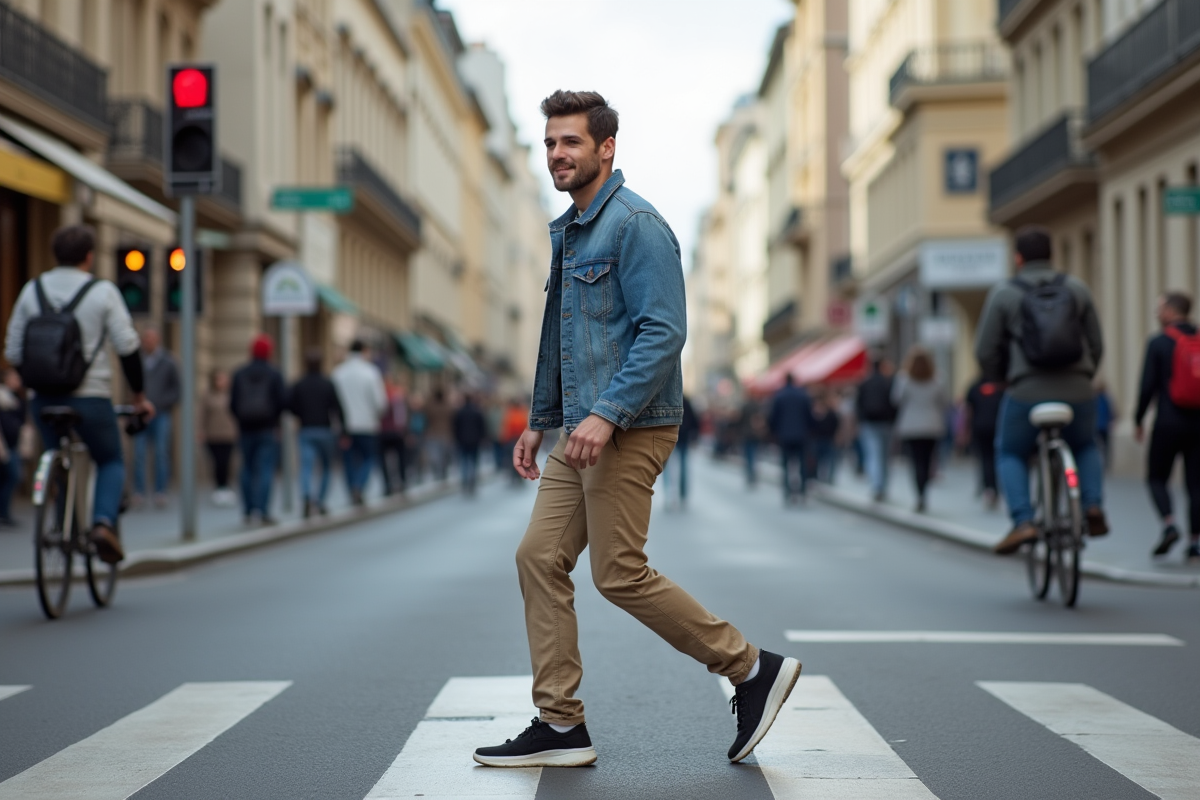 Jeune homme français traverse une rue animée de Paris