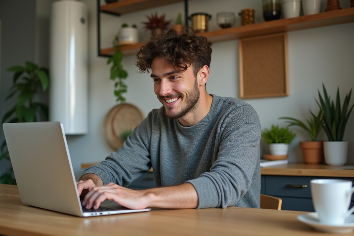 Jeune homme utilisant un ordinateur dans sa cuisine