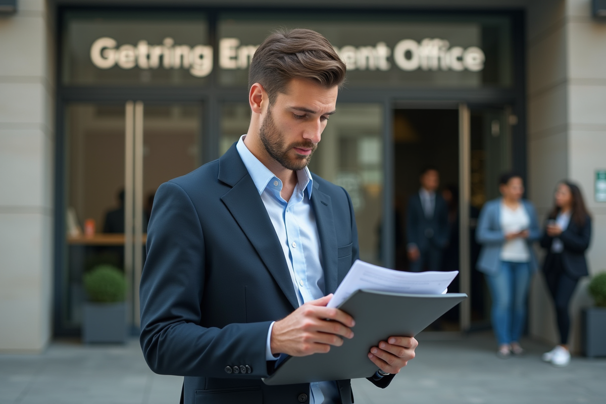 Jeune homme vérifiant ses documents devant un bureau emploi