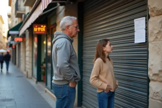 Homme d'âge moyen et adolescente devant restaurant fermé
