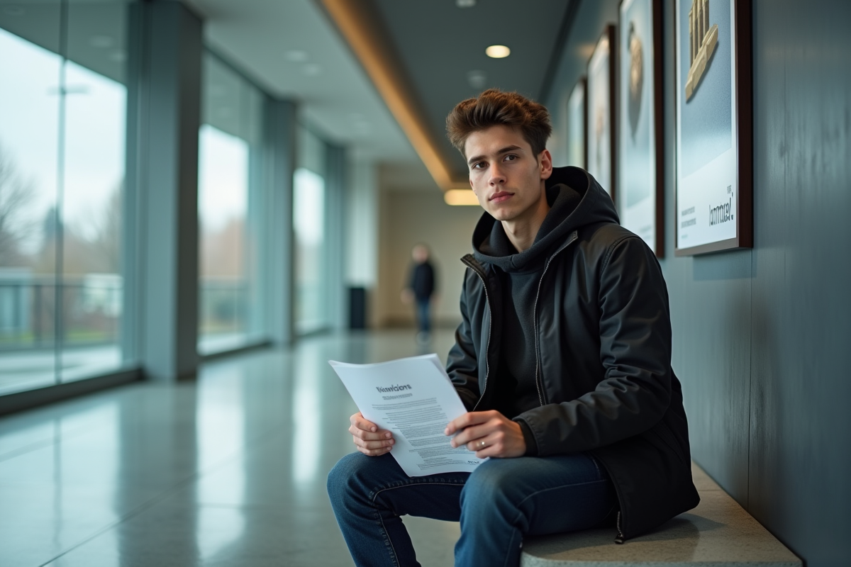 Jeune homme en intérieur avec brochure loi martiale