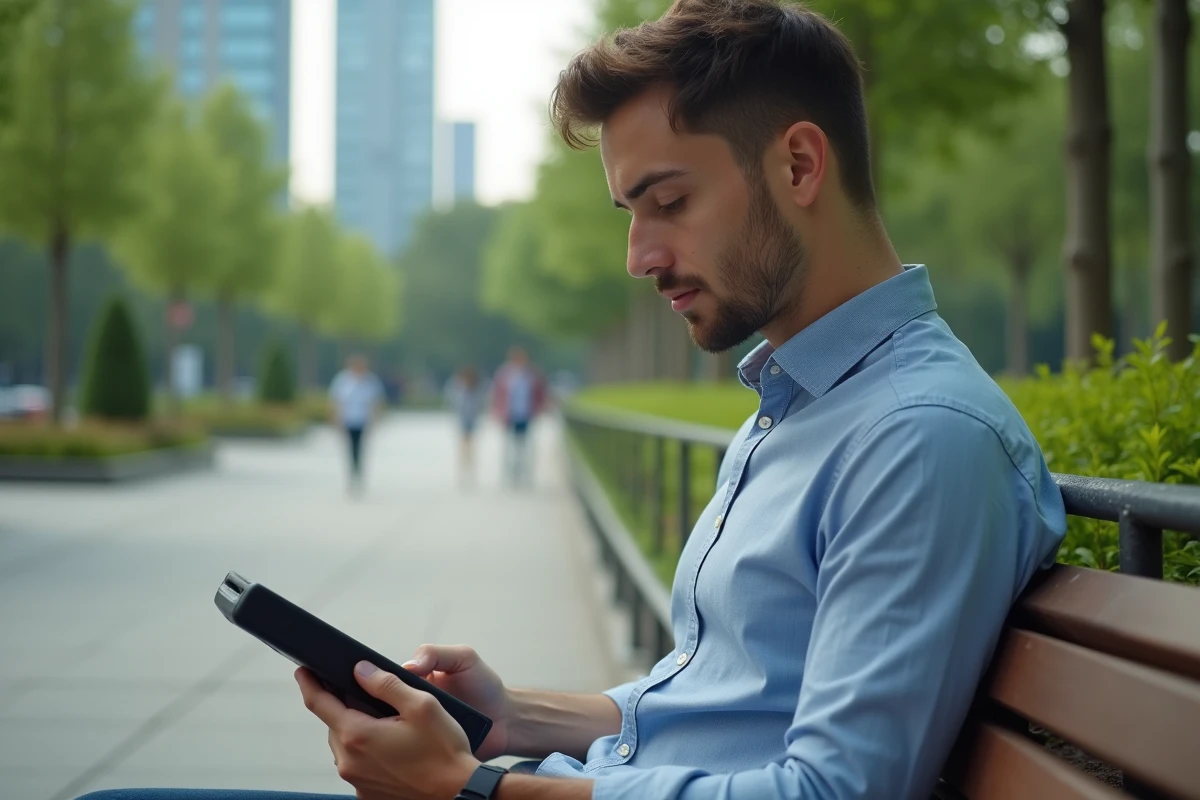Jeune homme en plein air utilisant une tablette dans un parc