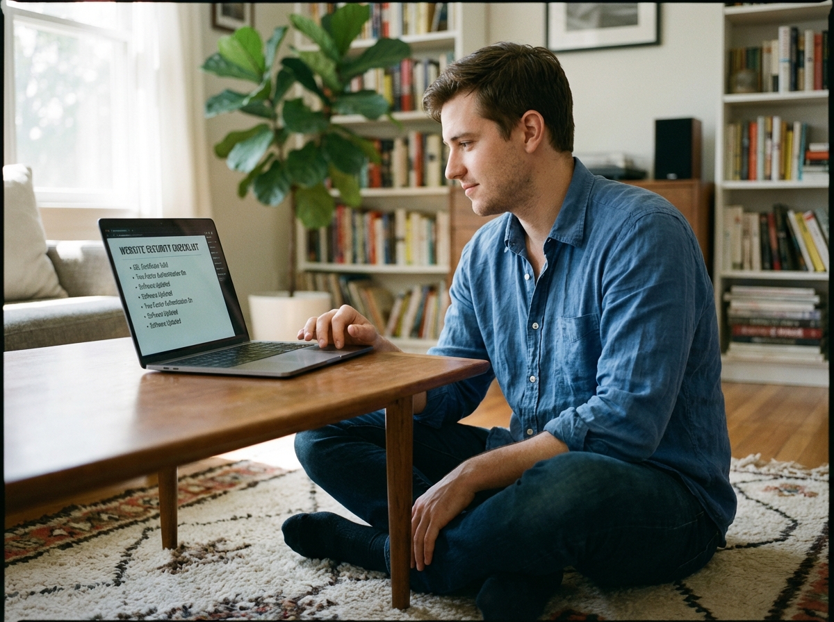 Jeune homme détendu vérifiant une checklist de sécurité web à la maison