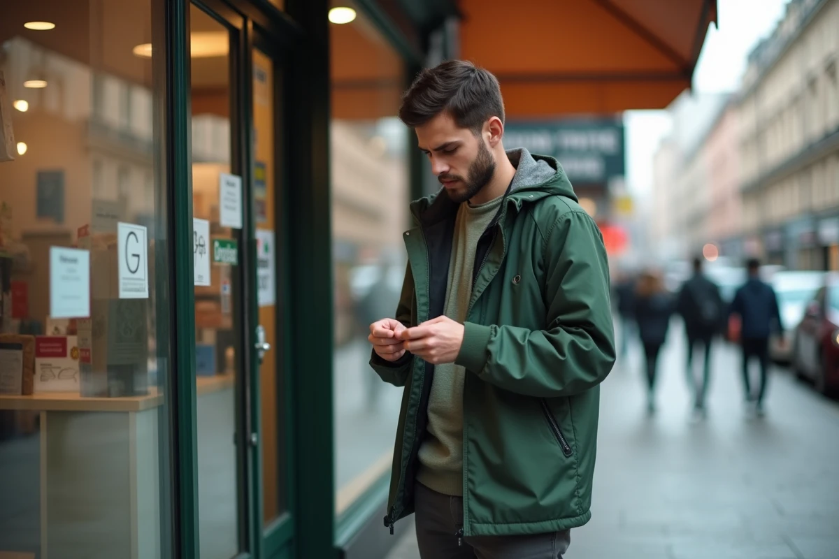 Jeune homme frustré devant boutique de colis en ville