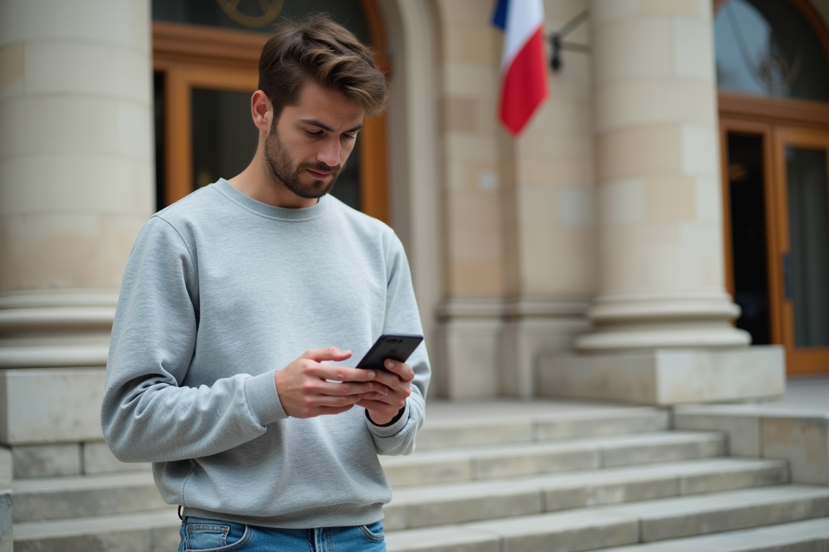 Jeune homme lisant une politique de confidentialité à l extérieur