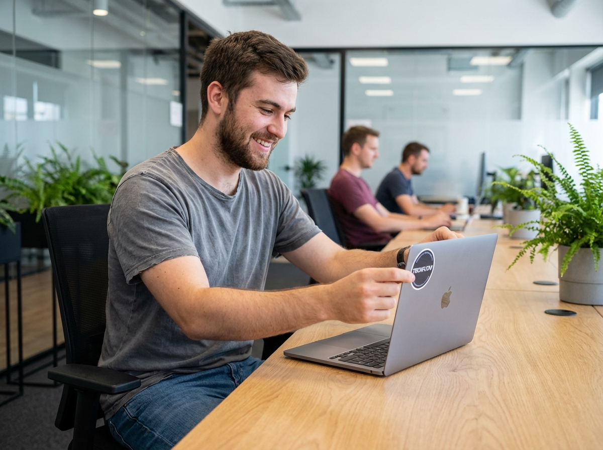 Jeune homme collant sticker sur son ordinateur au bureau