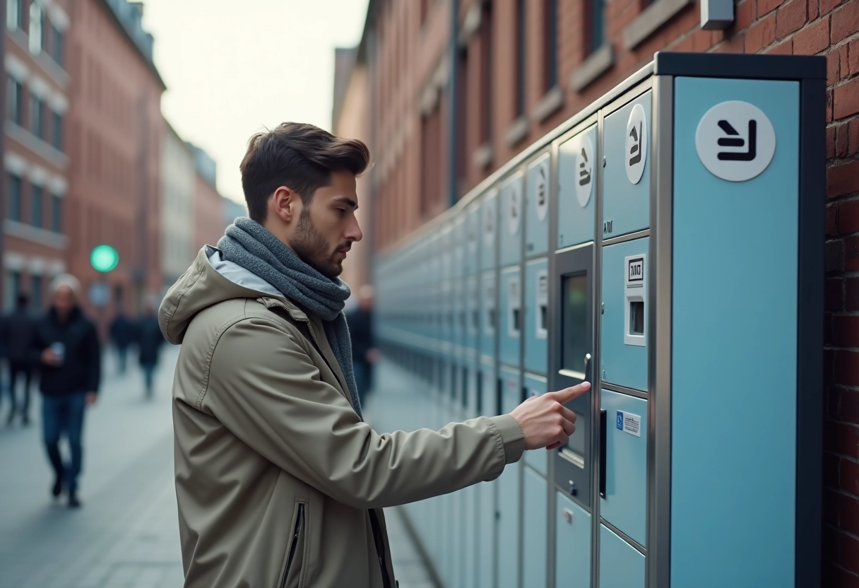 Jeune homme utilise un locker Mondial Relay en extérieur