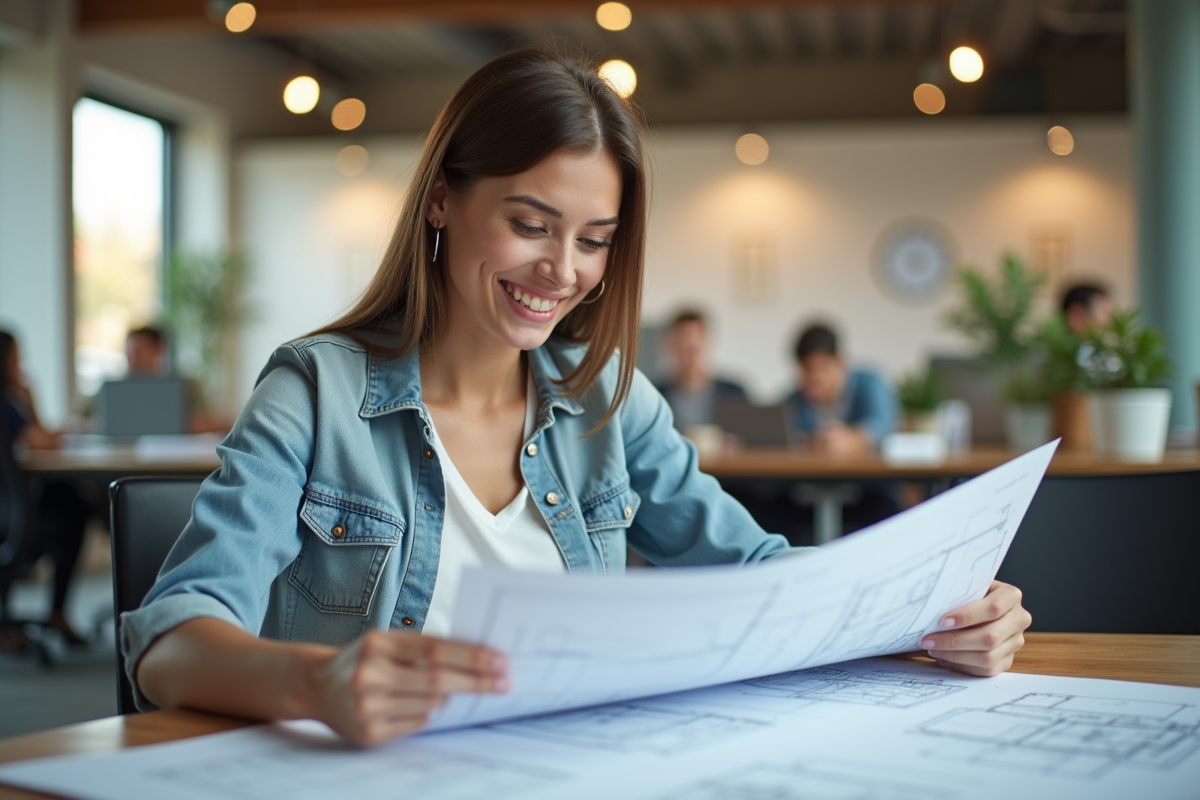 Stagiaire en immobilier examinant des plans architecturaux