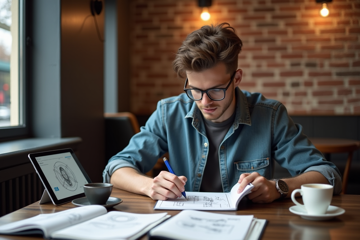 Jeune homme esquissant une invention dans un café cosy