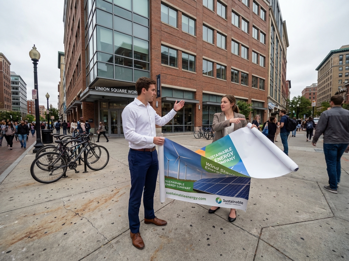 Jeune homme marketing montrant une affiche en ville