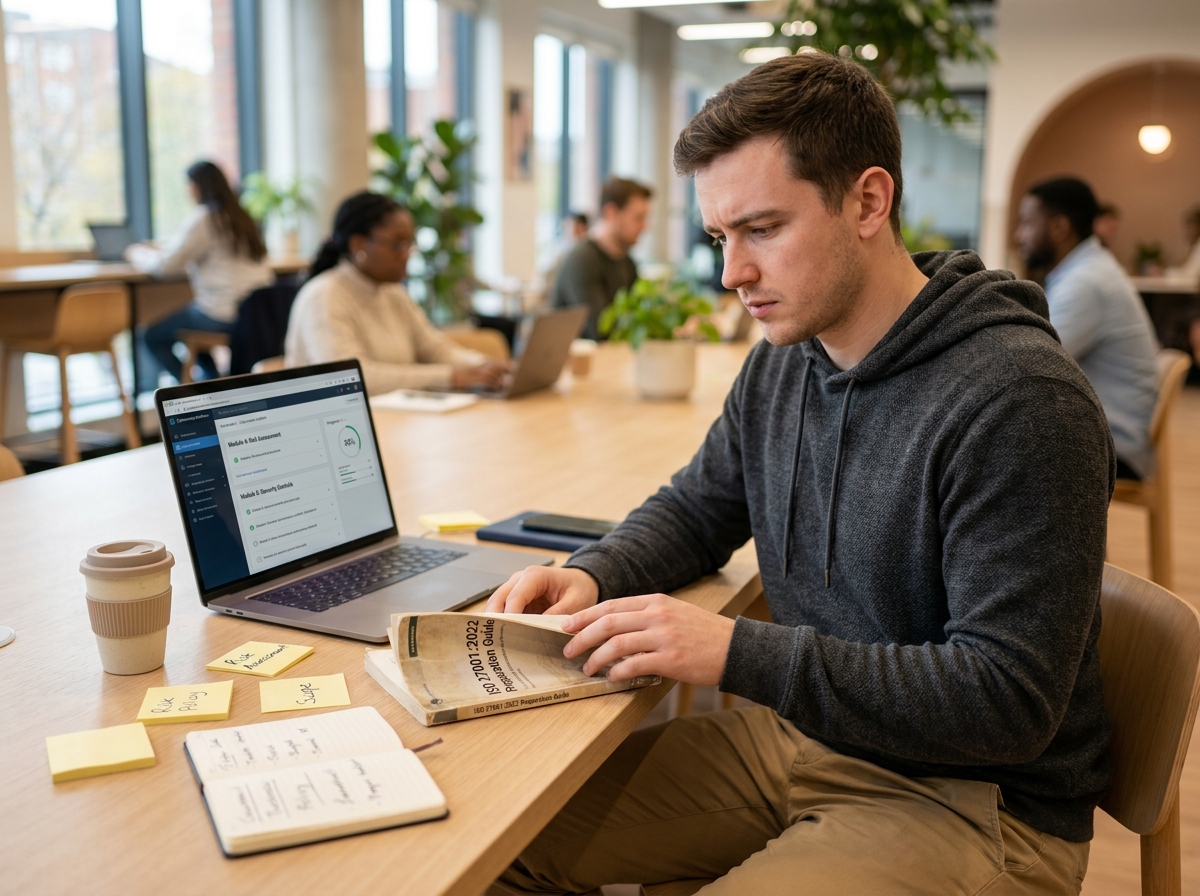 Jeune professionnel se formant à la norme ISO 27001 en ligne dans un espace de coworking moderne
