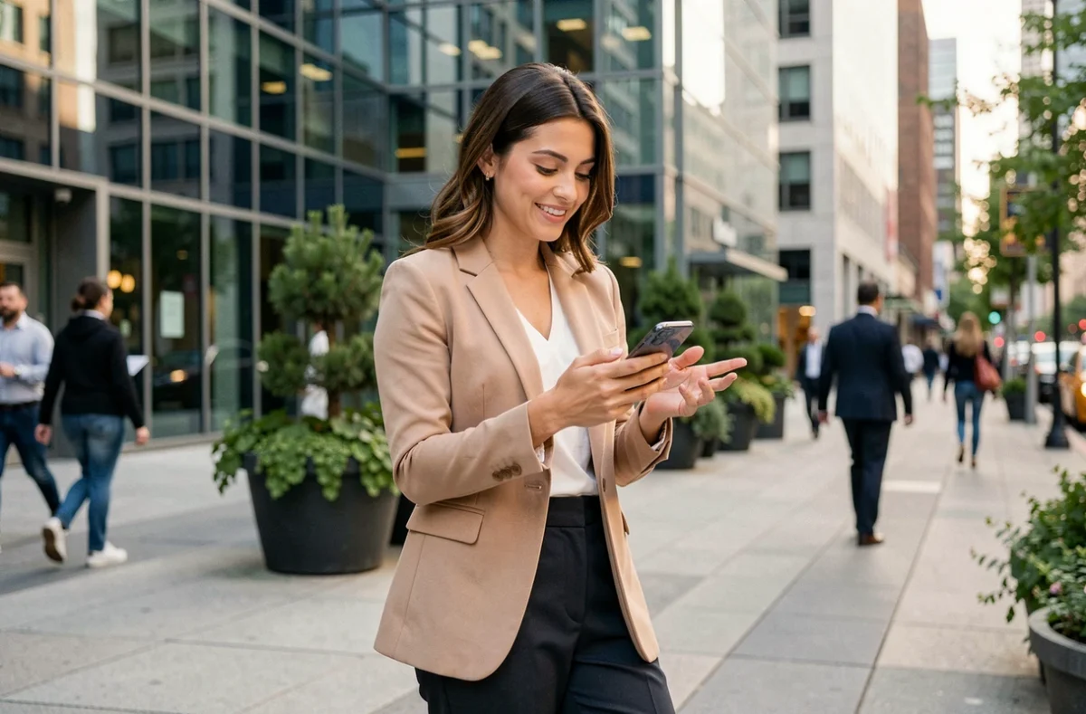 Jeune professionnelle recherchant une mission en portage salarial sur smartphone en milieu urbain