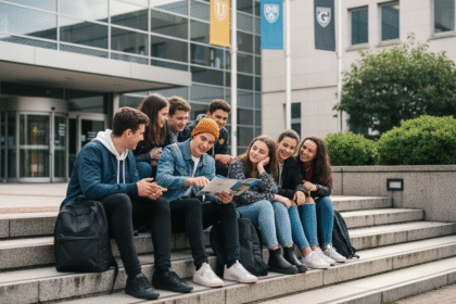 Groupe de jeunes diplômés de lycée en conversation